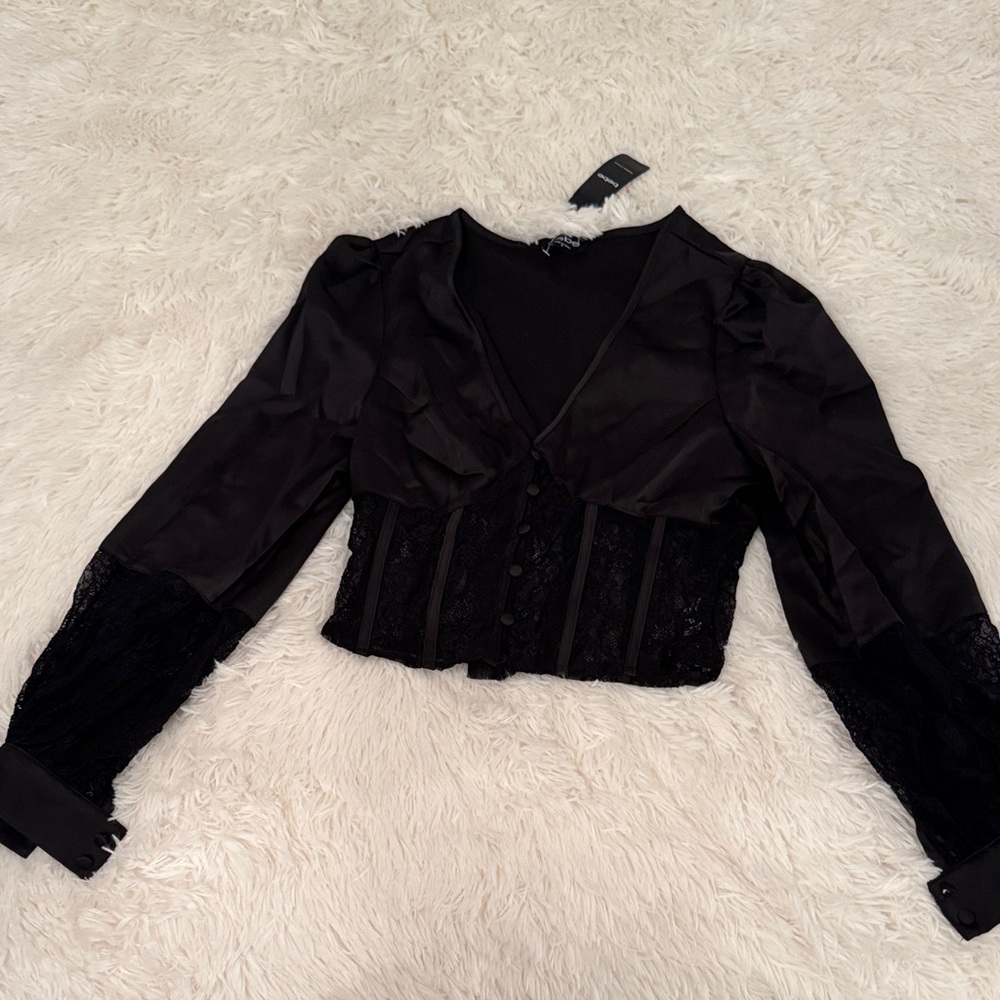 bebe Black Satin and Lace Blouse